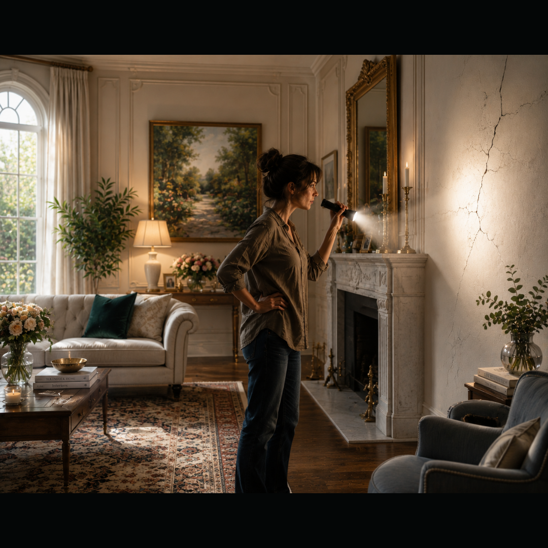 woman in beautiful room staring at small crack in wall