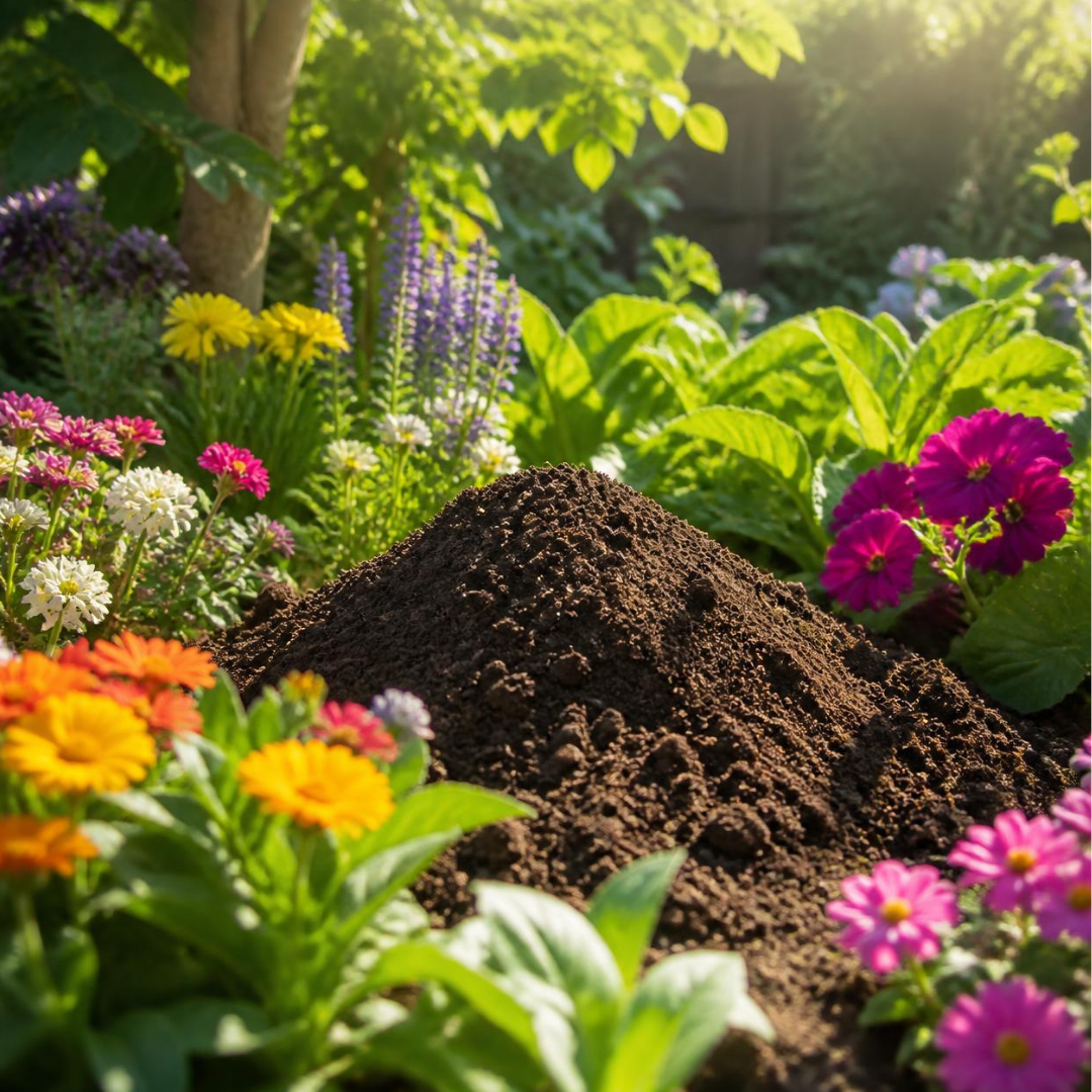 compost dirt surrounded by lush garden