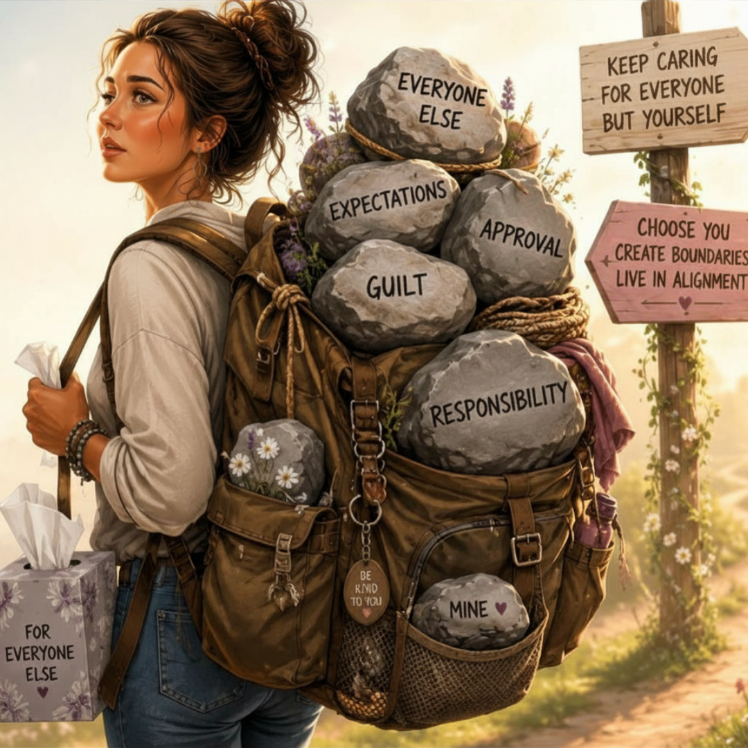 Woman holding backpack w heavy rocks