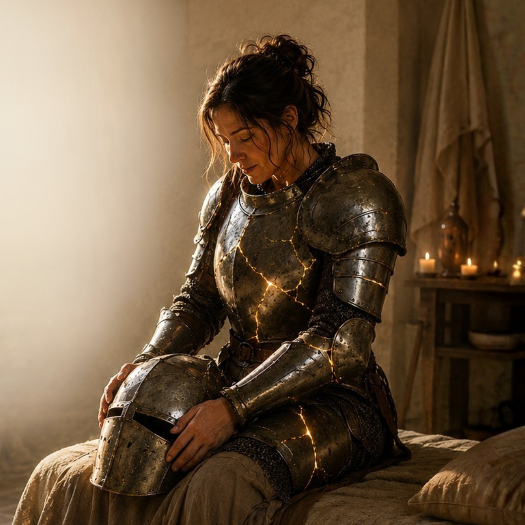 woman removing armor